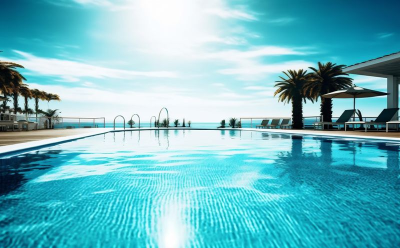home pool palm swimming summer water blue large luxury relaxation. Generative AI.