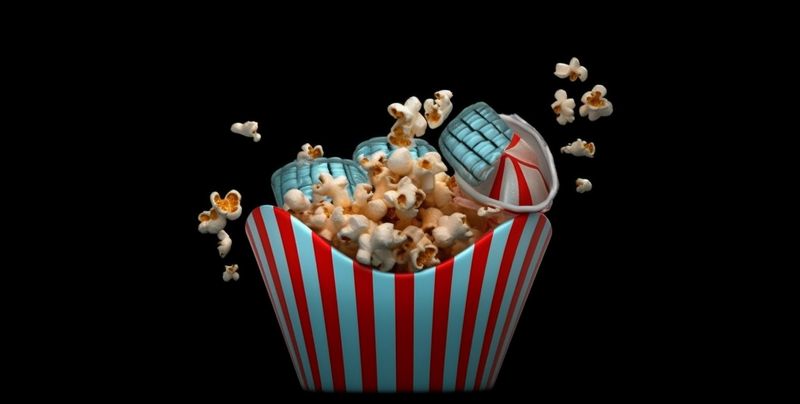 cinema entertainment art snack blue popcorn background corn white food box. Generative AI.