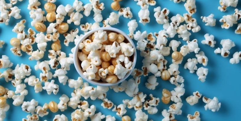 snack white blue popcorn cinema corn salted entertainment food box background. Generative AI.
