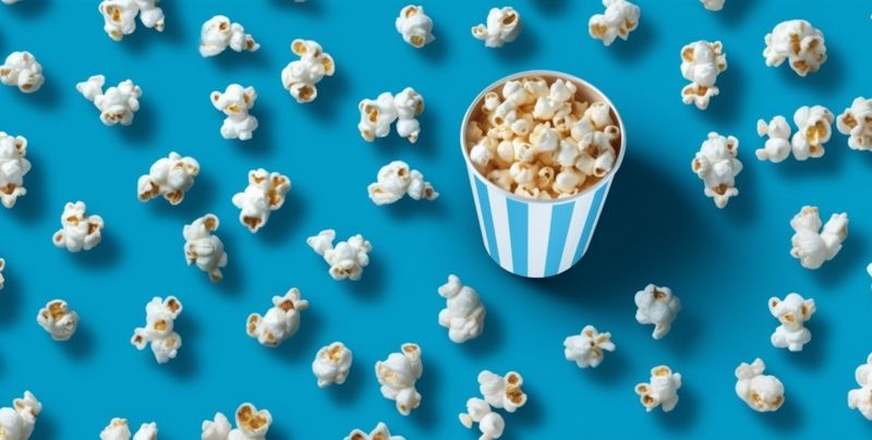 food background blue cinema white corn popcorn bucket snack box entertainment. Generative AI.