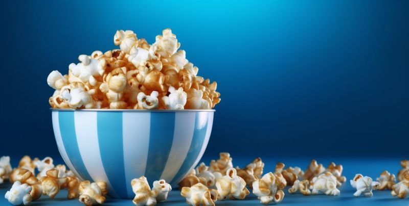 background food box cinema popcorn entertainment blue salted corn white snack. Generative AI.