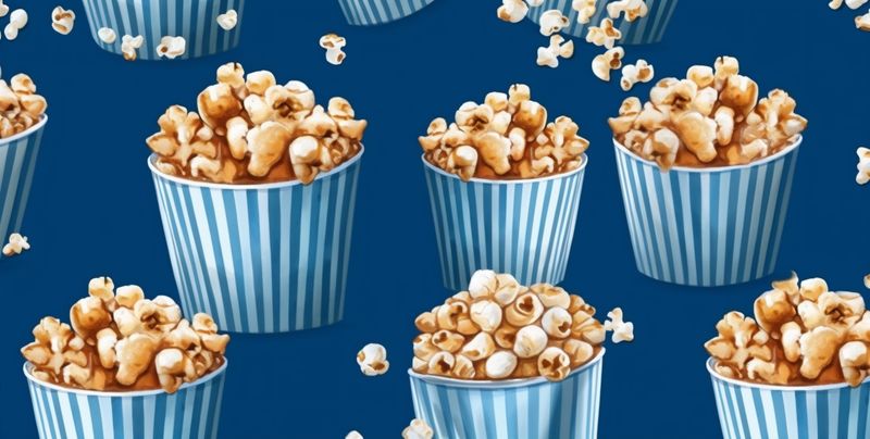 cinema entertainment snack corn blue popcorn white movie box food background. Generative AI.