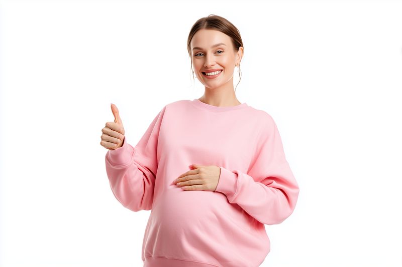 Smiling pregnant woman in a pink sweater shows a thumbs up while cradling her belly, conveying confidence, happiness and maternal anticipation in a studio portrait.