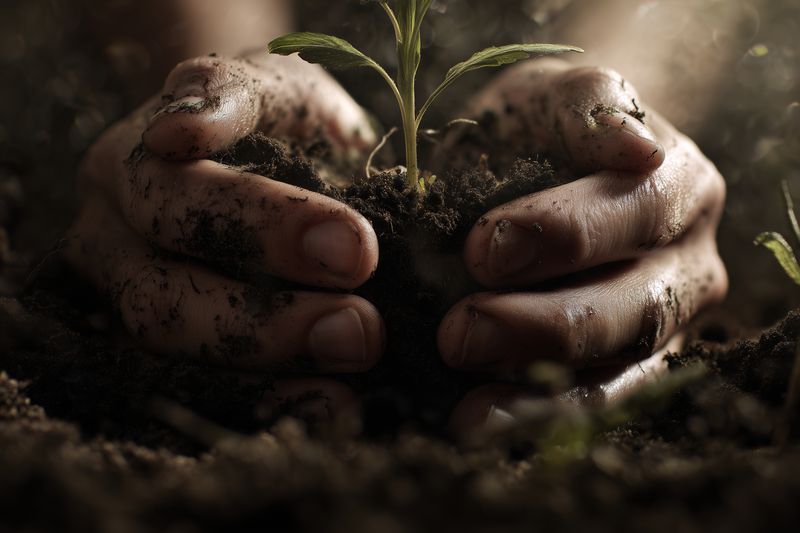 Close-up of dirty hands gently cupping a young green seedling emerging from rich soil, symbolizing growth, care and nurturing, sustainable gardening and human connection to nature.