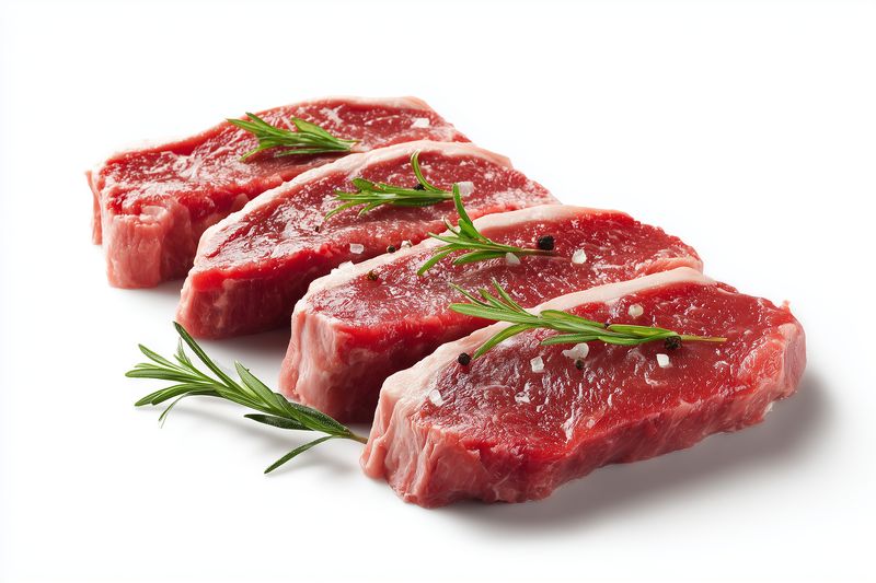 Close-up of fresh raw beef steaks arranged on a white background with sprigs of rosemary and coarse salt, highlighting texture, marbling and vibrant red color for culinary projects.