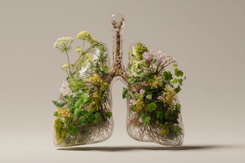 Glass lungs filled with lush green plants and wildflowers, symbolizing respiratory health and nature healing; conceptual image of environmental wellness and organic breathing restoration.