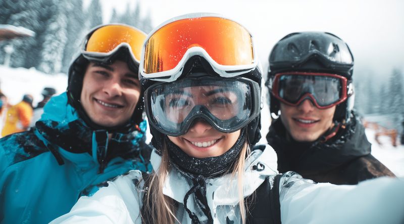 Three friends in ski gear take a close selfie on a snowy mountain, wearing helmets and goggles with reflective lenses, smiling during a winter ski day and enjoying outdoor adventure.