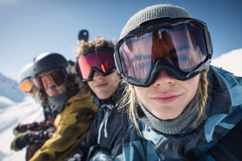 Close-up portrait of three winter sports enthusiasts wearing ski goggles and warm jackets on a sunny snowy mountain, enjoying outdoor adventure and alpine recreation together.
