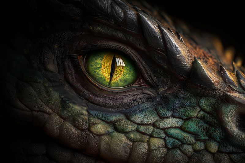 Close-up macro of a reptile eye with vivid green and yellow iris and vertical slit pupil, richly textured scales and dramatic lighting reveal intricate skin patterns and fierce gaze.