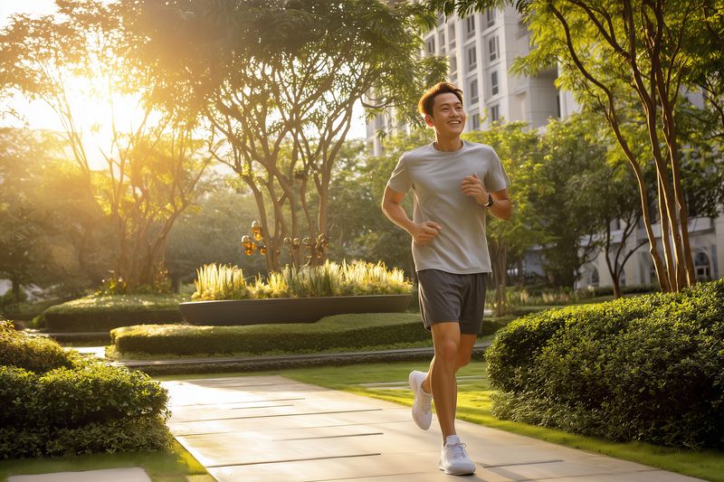Young man jogging through a sunlit urban park at sunrise, wearing athletic clothes and sneakers, enjoying outdoor exercise among trees, pathways and landscaped greenery.