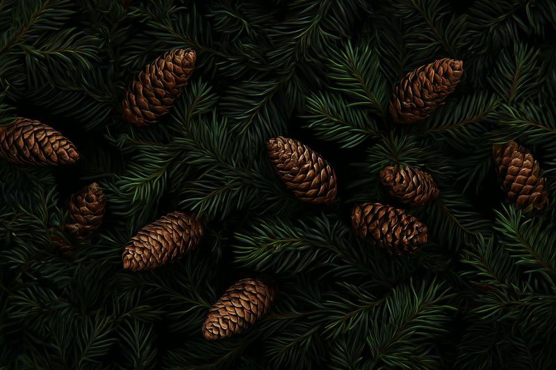 Dark moody still life of brown pine cones scattered across deep green fir branches, creating a textured natural background with dramatic low lighting and rich evergreen tones.