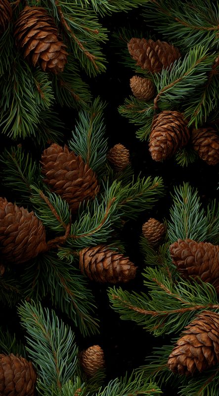 Close-up of pine cones and evergreen branches on a dark background, showcasing rich textures and natural tones. Rustic botanical composition ideal for seasonal and nature-themed designs.