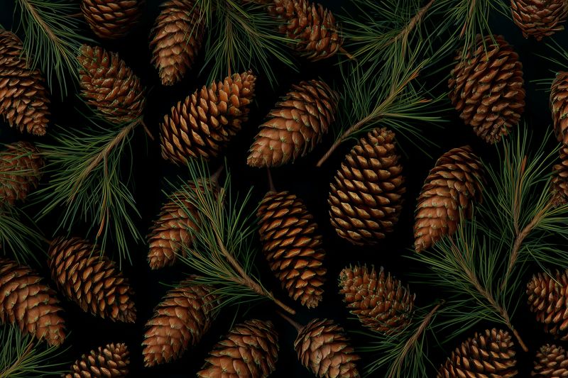Close-up of scattered pine cones and green pine needles on a dark background creating a natural, rustic texture and seasonal composition suitable for nature and holiday themes.