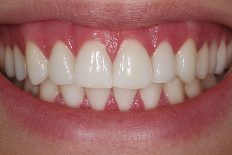 Close-up of a healthy smiling mouth showing clean white teeth and pink gums, highlighting well aligned incisors and natural enamel texture in bright clinical lighting for dental care.