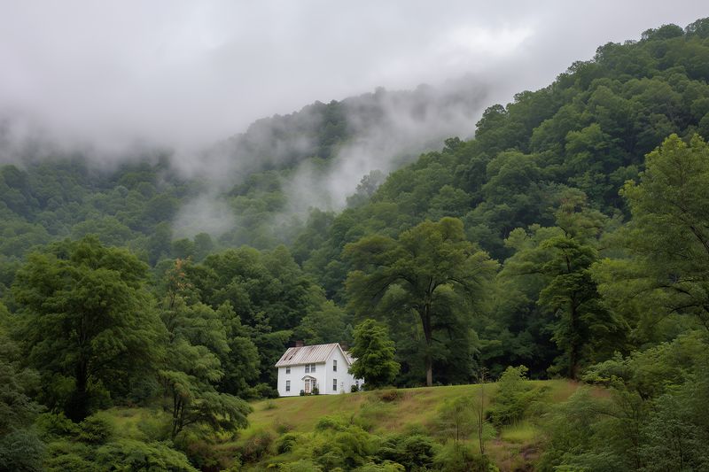 Solitary white farmhouse nestled in a lush green valley, surrounded by dense forested hills and low drifting fog, evoking a quiet, misty rural scene of nature and solitude.