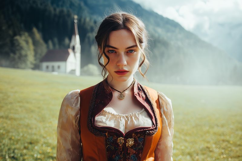 A young woman in a traditional folk dress stands in a misty alpine meadow near a small chapel, with forested mountains in soft natural light creating a timeless romantic mood.