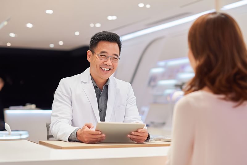 Friendly professional consultant in a white jacket holds a tablet and smiles while speaking with a client across a modern reception counter in a bright contemporary interior.