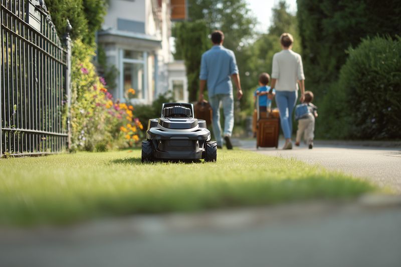 Autonomous robotic lawn mower parked on a suburban lawn as a family walks away carrying luggage, capturing modern home automation and family travel in a sunny neighborhood setting.