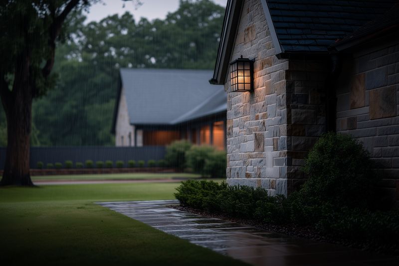 Exterior of a stone house at dusk with warm wall lantern illuminating wet walkway and manicured lawn, creating a cozy moody atmosphere in a suburban residential setting.