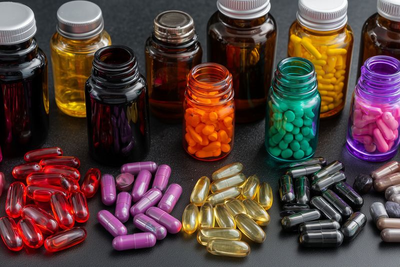 Close-up of colorful capsules, softgels and tablets spilled from glass jars and small bottles on a dark surface, showcasing a variety of supplements and pharmaceutical forms.