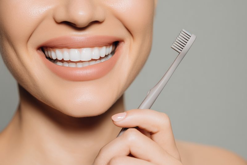 Close-up of a smiling woman holding a toothbrush, showcasing bright white teeth and healthy gums in a dental hygiene concept image with soft lighting and a neutral background.