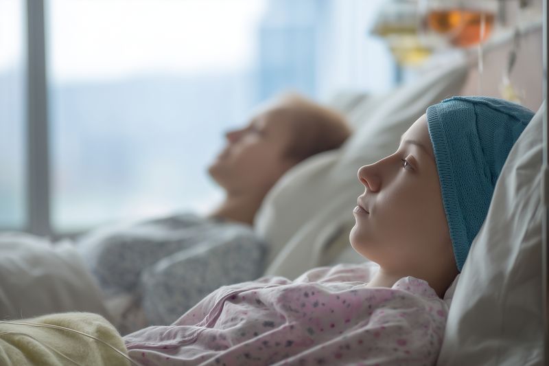 Young patient wearing a headscarf lies awake in a hospital bed beside another resting child, capturing quiet resilience, medical care and tender companionship in a pediatric ward.