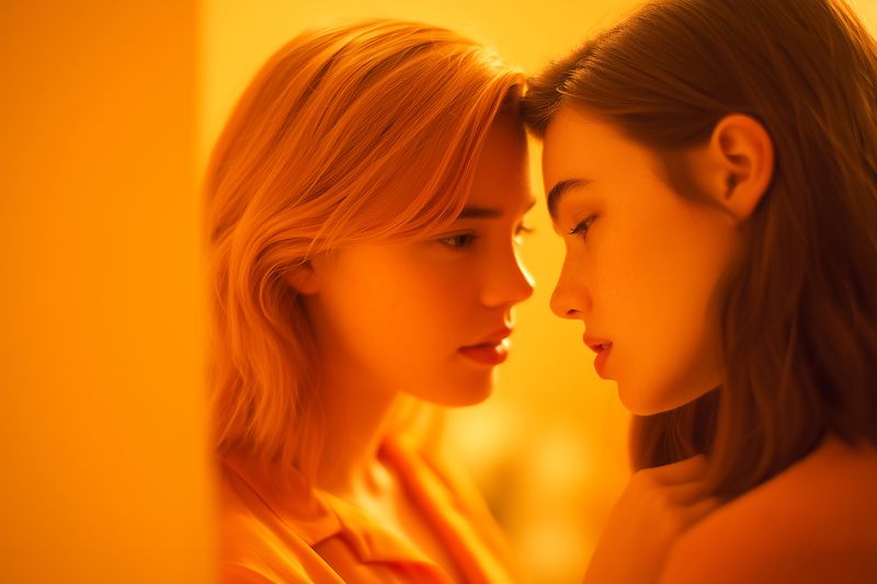 Intimate portrait of two women in warm golden light, faces close in a tender moment, soft focus and cinematic mood conveying romance, connection and quiet emotion.