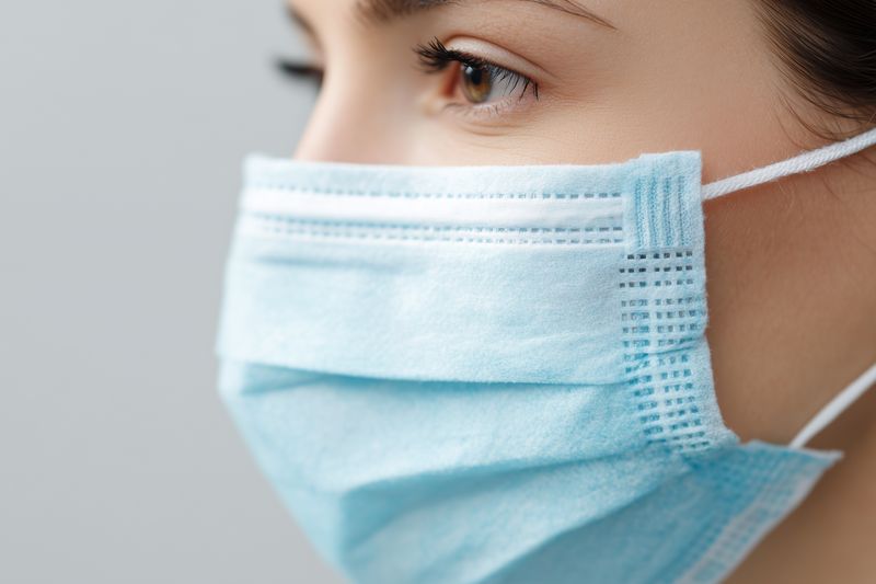 Close-up profile portrait of a person wearing a blue surgical face mask, focusing on an alert brown eye and skin texture, conveying health safety and protective measures.