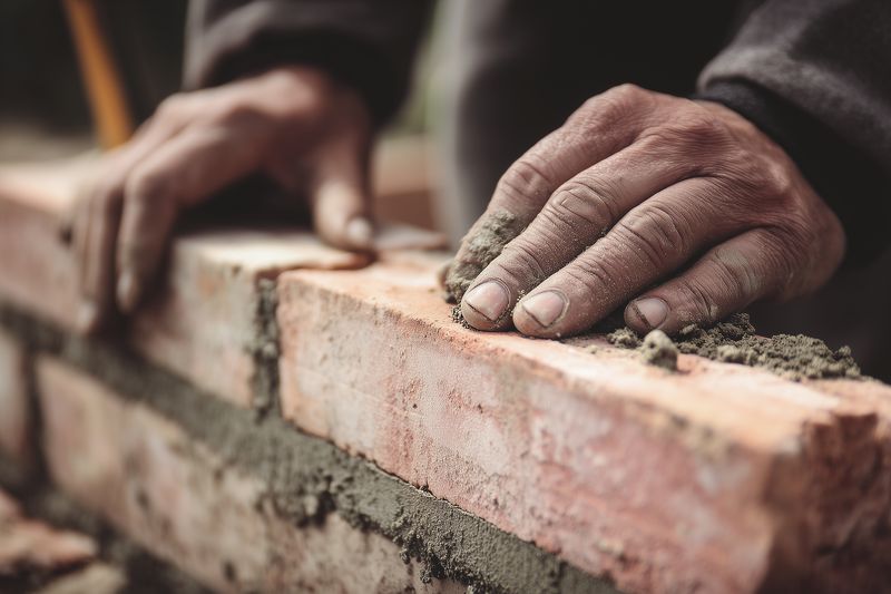 Close-up of mason hands placing a brick on fresh mortar during construction, highlighting textured fingers, wet cement and careful craftsmanship in traditional wall building process.