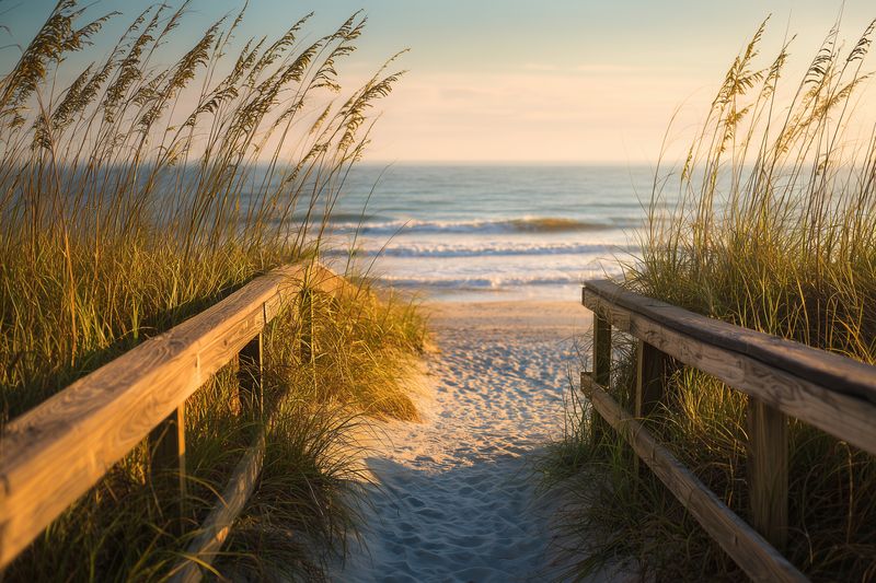 Wooden boardwalk framed by dune grasses leads to a sandy beach with gentle waves under warm golden sunrise light, creating a peaceful coastal scene for relaxation and reflection.