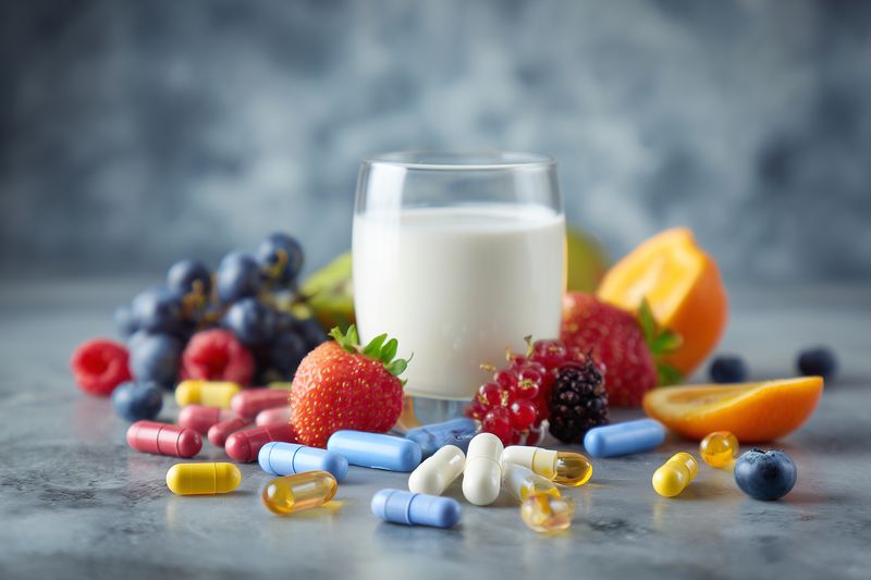 A glass of milk surrounded by fresh fruits and assorted vitamin capsules and tablets scattered across a surface, portraying nutrition, dietary supplements and a healthy lifestyle concept.
