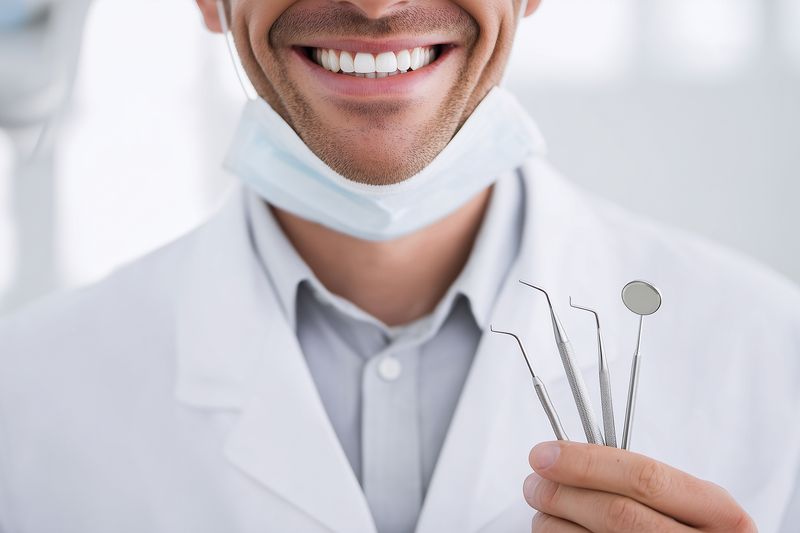 Close-up of a smiling dentist holding dental instruments in a bright clinic, wearing a white coat and surgical mask lowered, conveying professional care, trust and clinical hygiene standards.