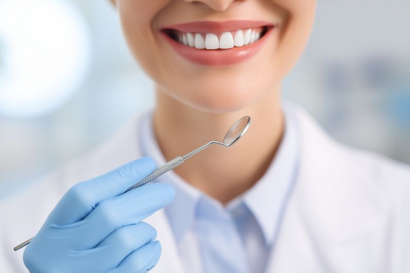 Close-up of a dental professional smiling with bright white teeth while holding a dental mirror, showcasing oral hygiene, friendly care and a clinical dental examination setting.