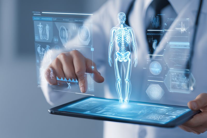 Doctor using tablet projecting holographic human skeleton and medical data, futuristic healthcare technology concept showing digital anatomy visualization, touchscreen interaction in clinical