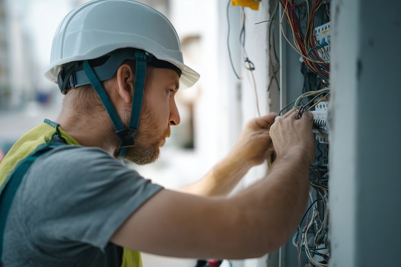 Male electrician in safety helmet and vest working on electrical panel, connecting wires and using tools in an industrial interior, focused on wiring installation and maintenance.