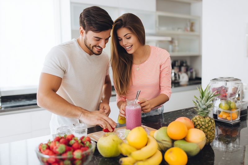 Young couple preparing a fresh fruit smoothie in a bright modern kitchen, chopping bananas and strawberries on the countertop while smiling and enjoying a healthy morning routine together.