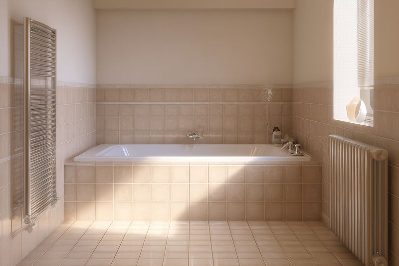 Bright minimalist bathroom interior featuring a built-in bathtub with beige tiles, warm sunlight from a window, modern radiators and a serene clean atmosphere for relaxation.