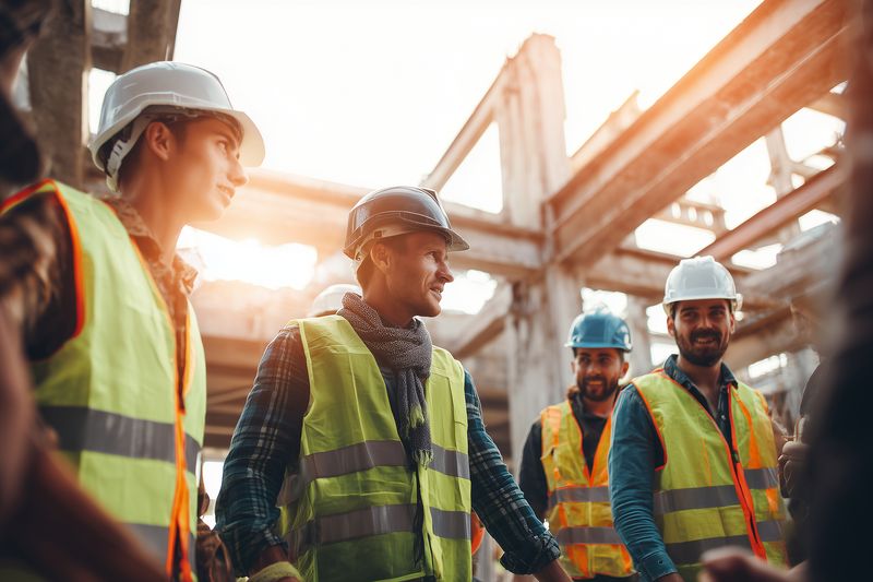 Diverse construction workers wearing hard hats and reflective vests gather at a building site, collaborating and inspecting structural elements with sunlight illuminating the scene.