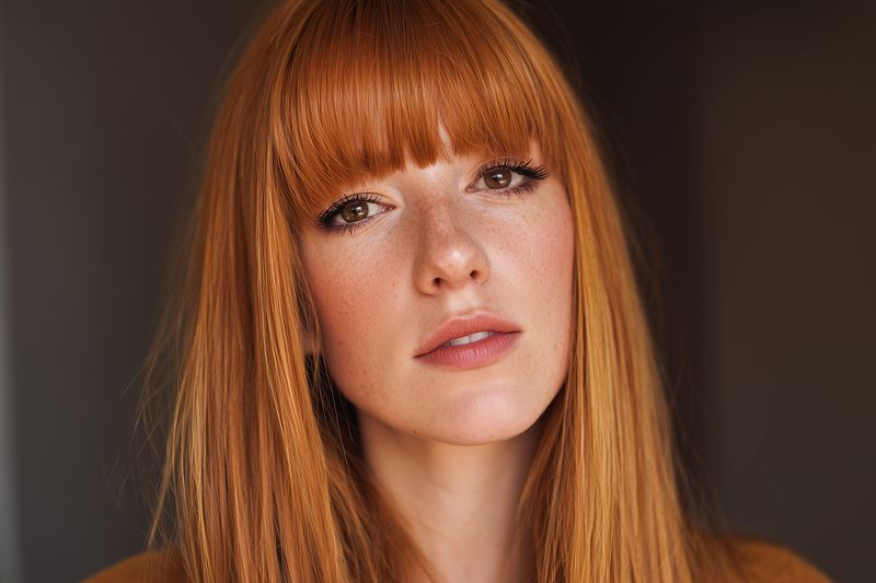 Closeup portrait of a young redhead woman with long straight hair and bangs, natural makeup and freckles, captured in warm soft studio lighting for beauty and fashion use.