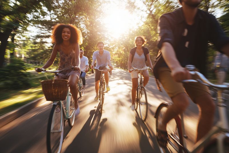 Group of young friends riding bicycles through a sunlit park path, smiling and enjoying a summer afternoon together, motion blur conveys speed and joyful atmosphere.