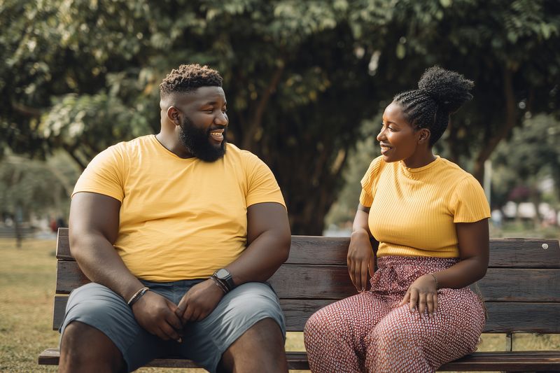 Smiling young couple sitting on a park bench enjoying a warm day, engaged in friendly conversation with relaxed body language and natural outdoor greenery in the background.