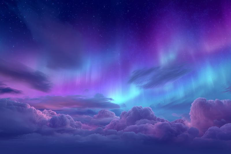 Vibrant purple and teal aurora lighting a dreamy night sky above soft billowing clouds, creating a surreal celestial panorama with stars twinkling in a tranquil atmospheric scene.