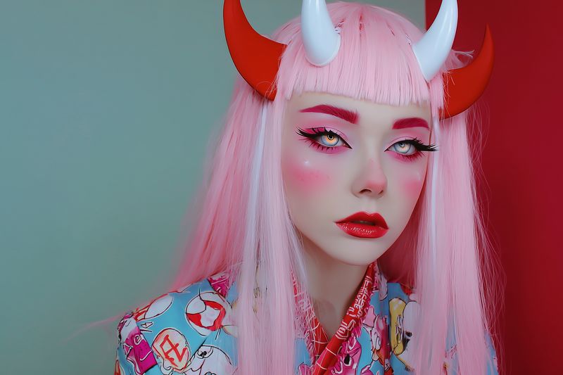 Stylish fantasy portrait of a young model with pastel pink hair, dramatic makeup and decorative horns, wearing colorful patterned clothing against a two-tone studio background.