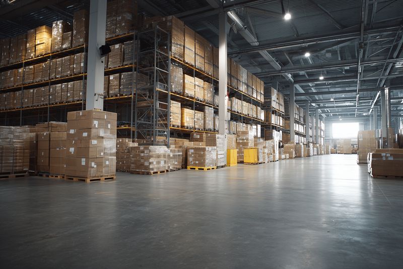 Spacious industrial warehouse interior with high metal shelving stocked with cardboard boxes and wooden pallets, polished concrete floor, bright overhead lighting and open aisles.