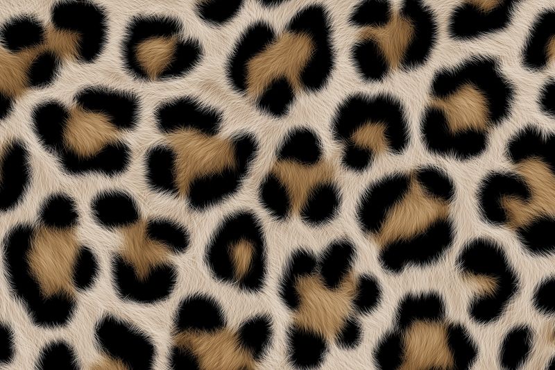 Close-up of realistic leopard fur pattern with soft brown and black spots on a beige background, detailed texture showing plush fur and natural animal print for textiles.