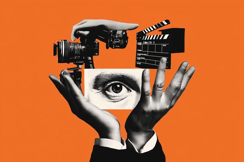Surreal collage of hands holding an eye, film camera and clapperboard on a vivid orange background, concept art representing filmmaking, vision, creativity and media production.