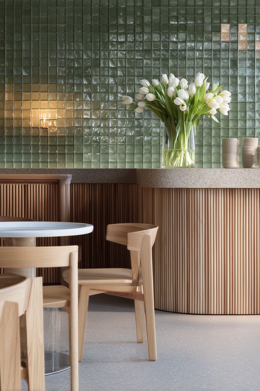 Modern cozy cafe interior featuring wooden chairs and a round table against a glossy green tiled wall, complemented by a concrete countertop and a vase of white tulips.