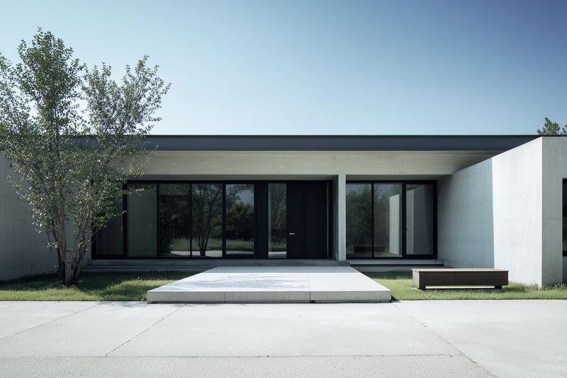 Minimalist modern house exterior with clean concrete lines, large glass windows, flat roof and a tranquil front courtyard featuring a low platform, landscaping and soft daylight.