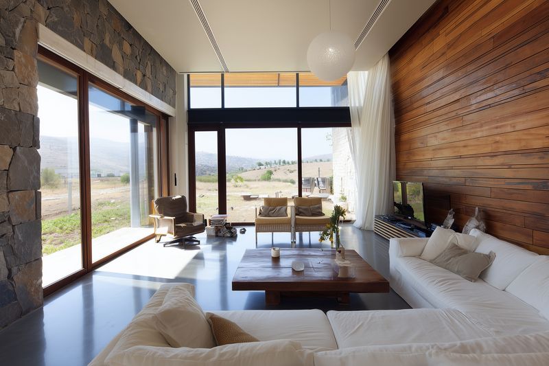 Spacious modern living room with floor-to-ceiling windows, natural sunlight filling stone and wooden interiors, featuring a cozy white sectional sofa and rustic coffee table.