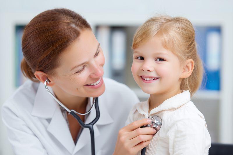 Female doctor using a stethoscope to examine a smiling young girl in a bright pediatric office, conveying compassionate healthcare, trust, childhood wellbeing and preventive medical care.